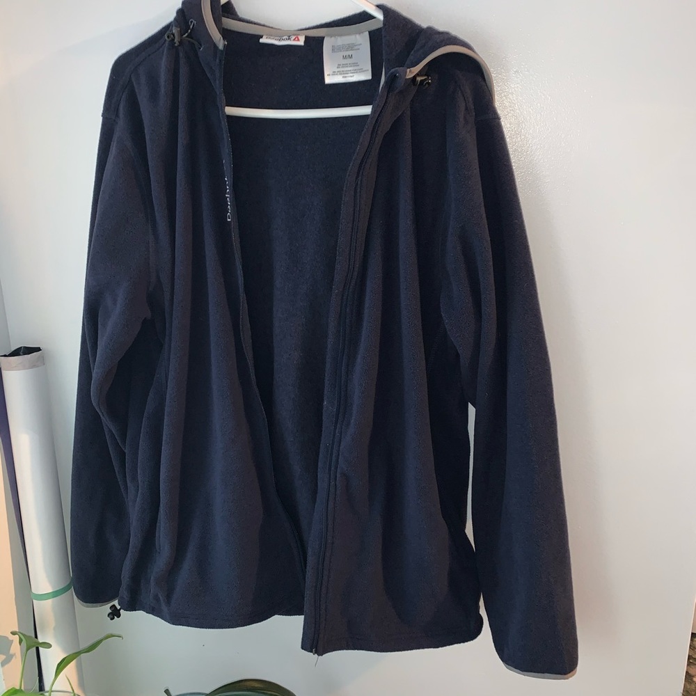 reebok light fleece zip up with logo detail + hood